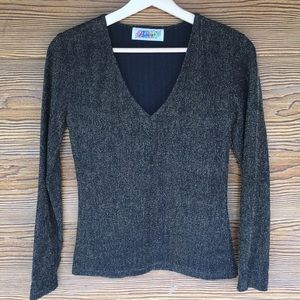 Black Gold Vintage 90s Metallic Long Sleeve V Neck